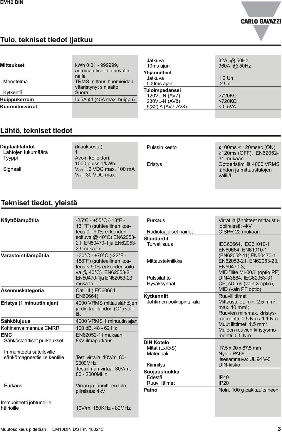 5VA, tekniset tiedot Digitaalilähdöt (tilauksesta) jen lukumäärä 1 Tyyppi Avoin kollektori, 1000 pulssia/kwh. Signaali V ON 1.2 VDC max. 100 ma V OFF 30 VDC max.