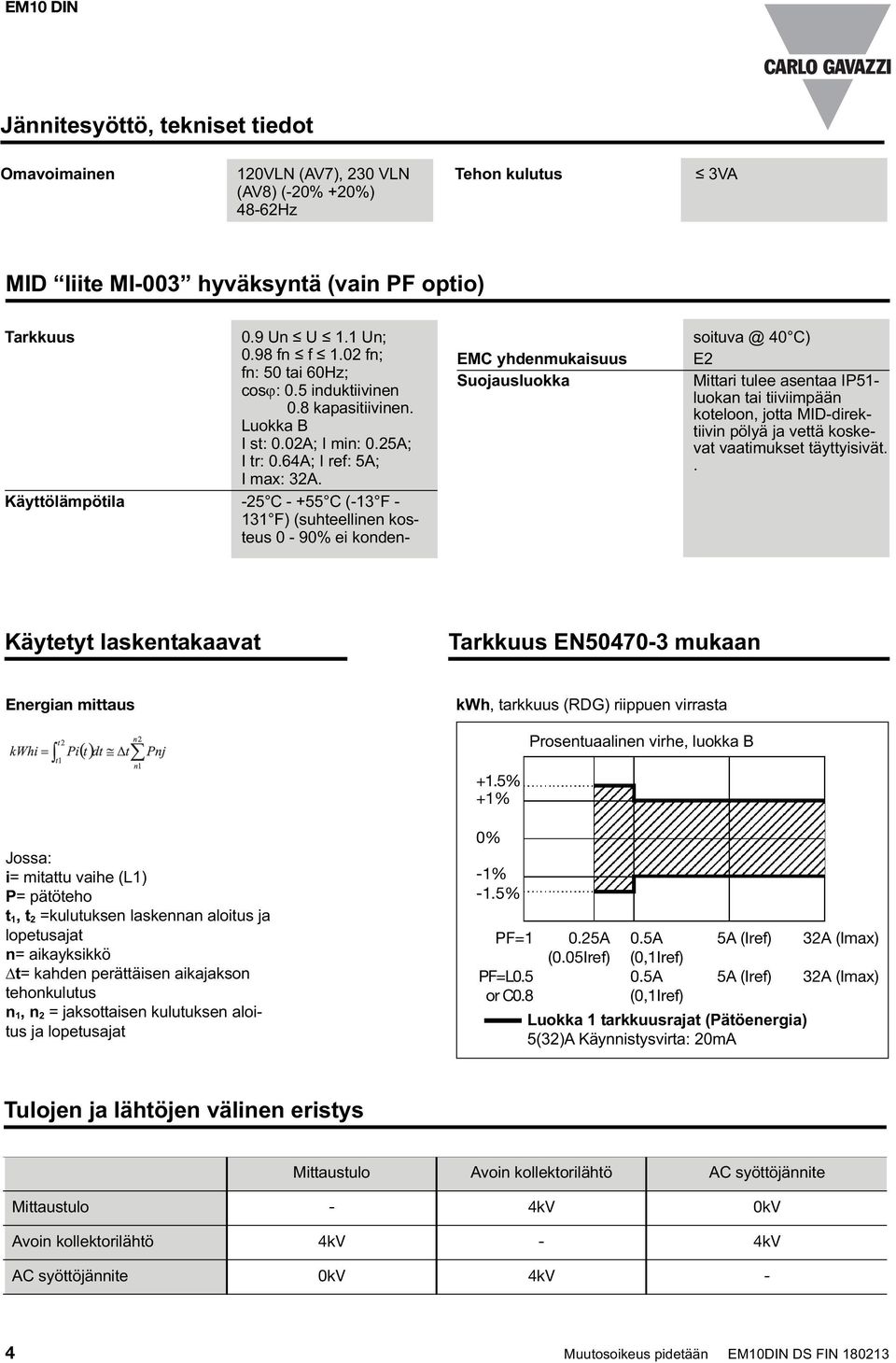 Käyttölämpötila -25 C - +55 C (-13 F - 131 F) (suhteellinen kosteus 0-90% ei kondensoituva @ 40 C) E2 Mittari tulee asentaa IP51- luokan tai tiiviimpään koteloon, jotta MID-direktiivin pölyä ja vettä