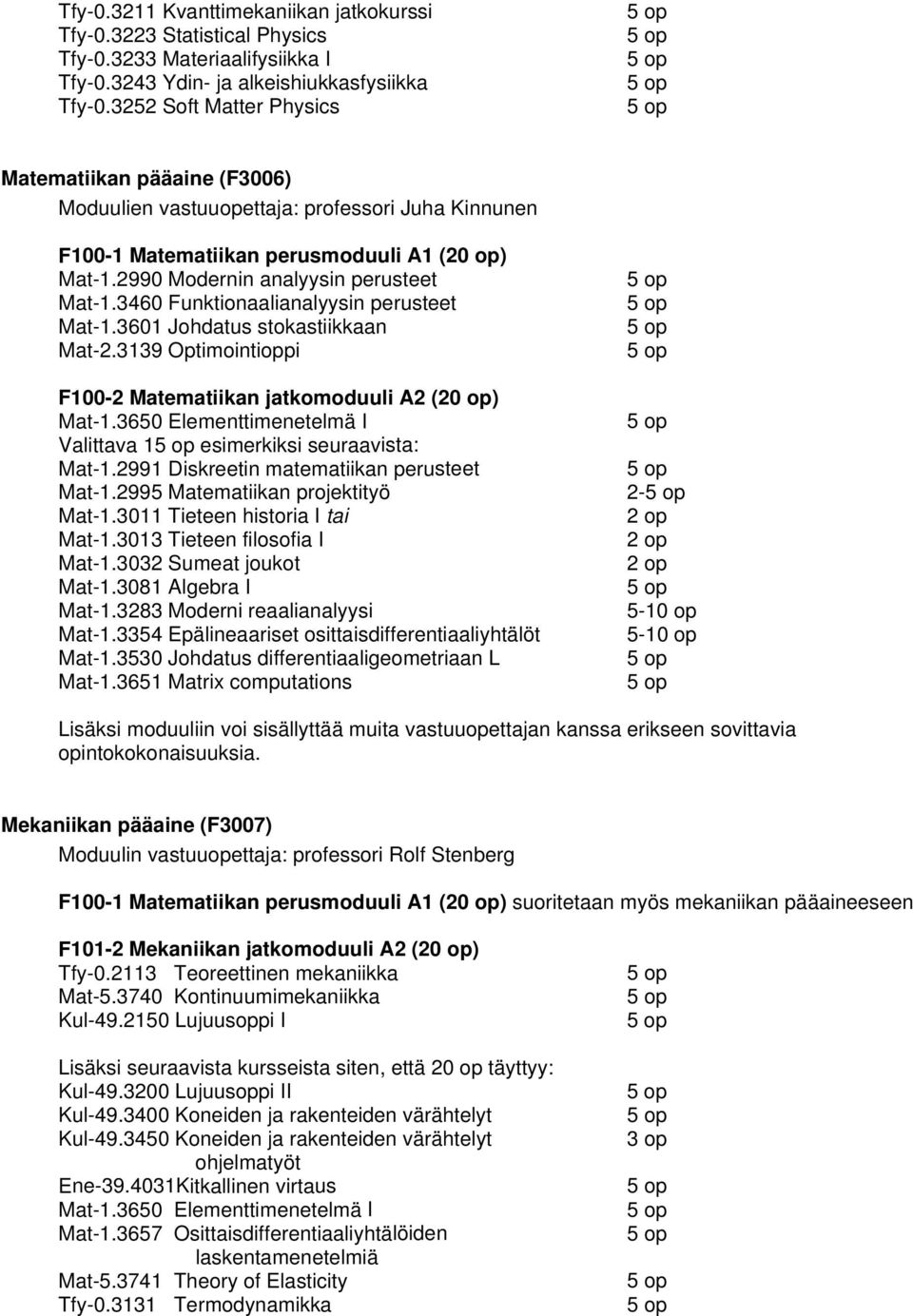 3460 Funktionaalianalyysin perusteet Mat-1.3601 Johdatus stokastiikkaan Mat-2.3139 Optimointioppi F100-2 Matematiikan jatkomoduuli A2 (20 op) Mat-1.