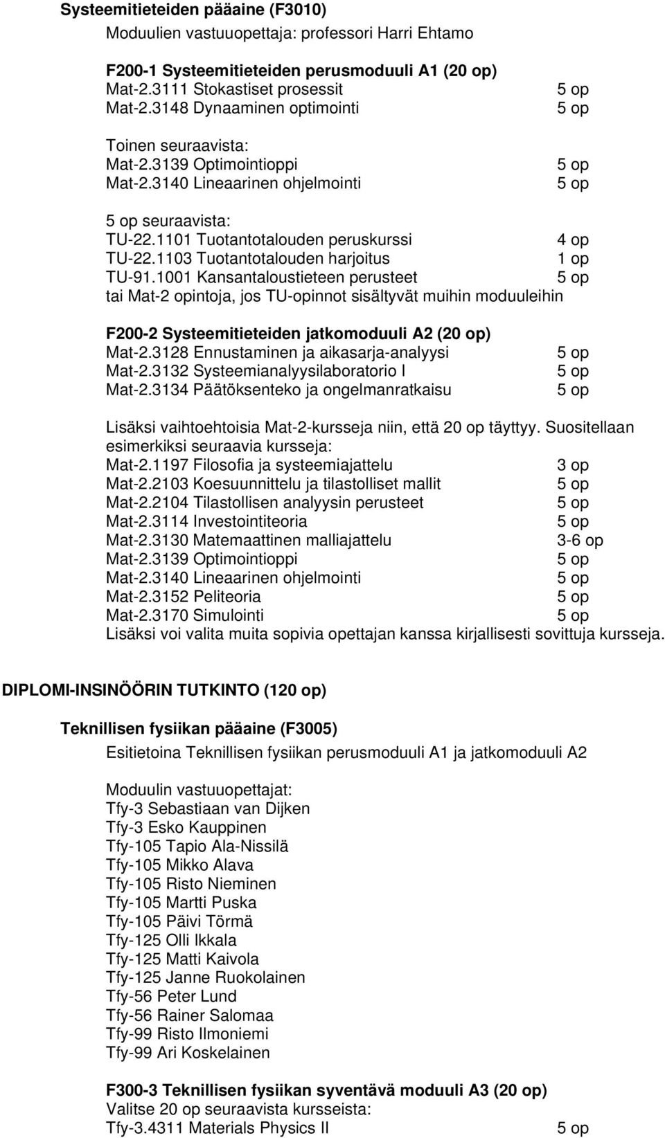 1103 Tuotantotalouden harjoitus 1 op TU-91.1001 Kansantaloustieteen perusteet tai Mat-intoja, jos TU-opinnot sisältyvät muihin moduuleihin F200-2 Systeemitieteiden jatkomoduuli A2 (20 op) Mat-2.