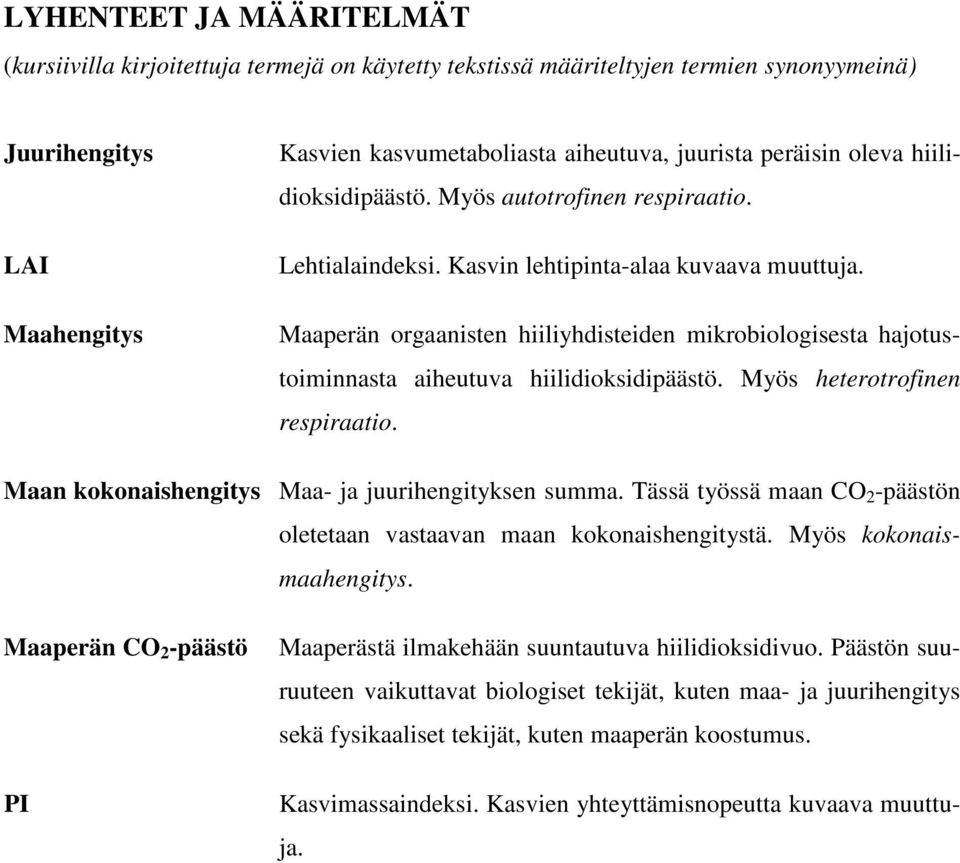 Maaperän orgaanisten hiiliyhdisteiden mikrobiologisesta hajotustoiminnasta aiheutuva hiilidioksidipäästö. Myös heterotrofinen respiraatio. Maan kokonaishengitys Maa- ja juurihengityksen summa.