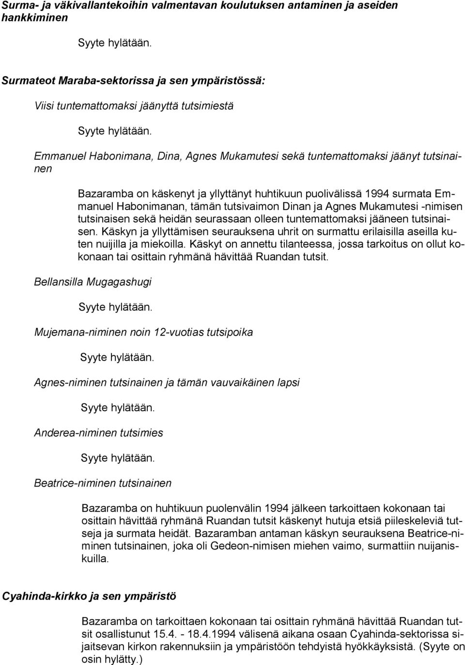 Mukamutesi -nimisen tutsinaisen sekä heidän seurassaan olleen tuntemattomaksi jääneen tutsinaisen. Käskyn ja yllyttämisen seurauksena uhrit on surmattu erilaisilla aseilla kuten nuijilla ja miekoilla.