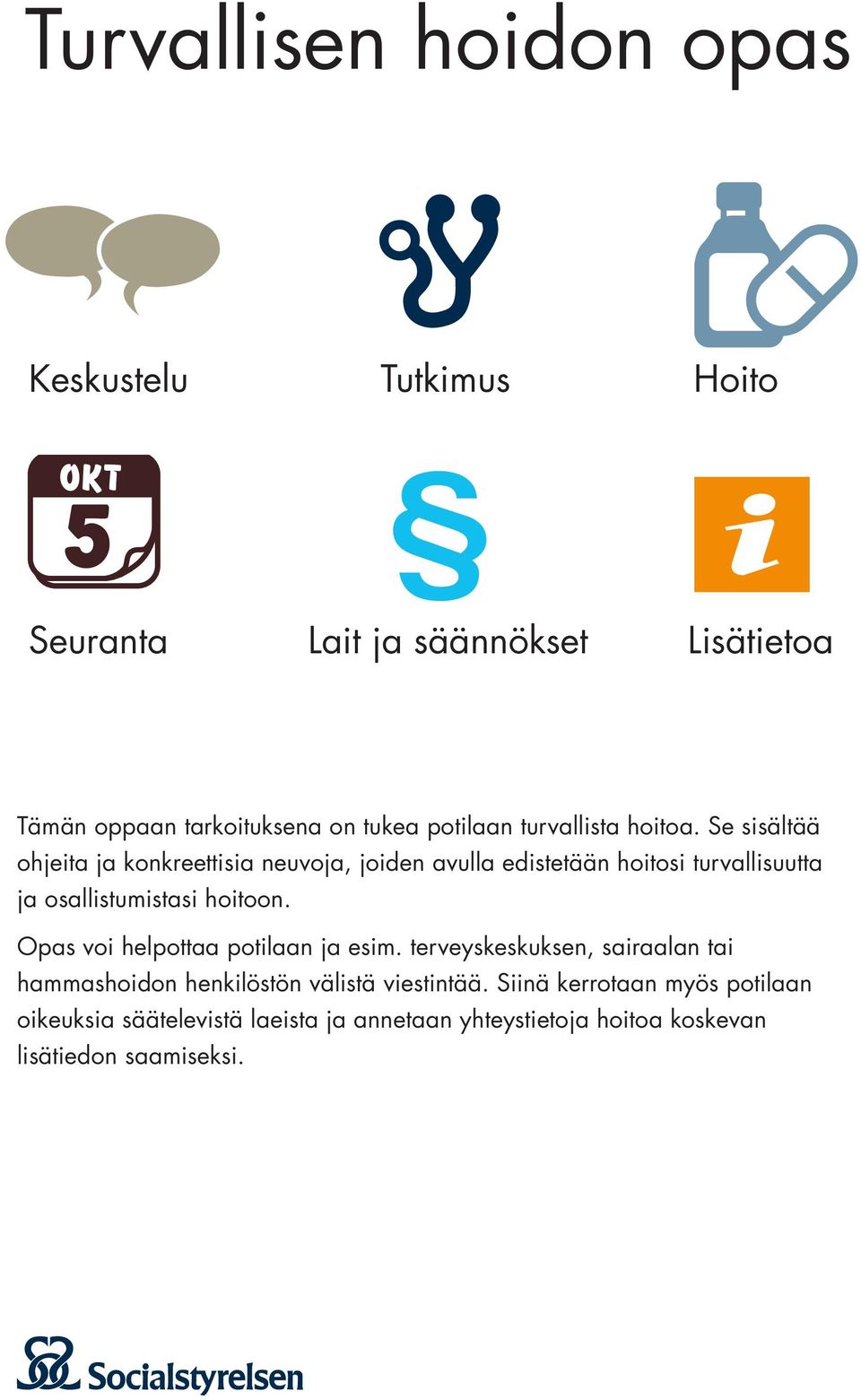 Se sisältää ohjeita ja konkreettisia neuvoja, joiden avulla edistetään hoitosi turvallisuutta ja osallistumistasi hoitoon.