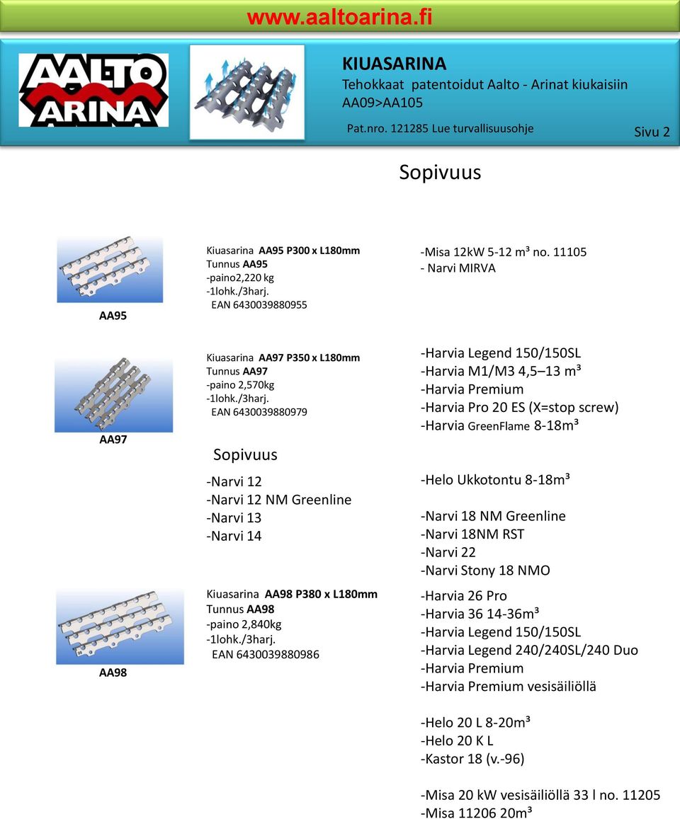 -paino 2,840kg EAN 6430039880986 -Harvia Legend 150/150SL -Harvia M1/M3 4,5 13 m³ -Harvia Premium -Harvia Pro 20 ES (X=stop screw) -Harvia GreenFlame 8-18m³ -Helo Ukkotontu 8-18m³ -Narvi 18 NM