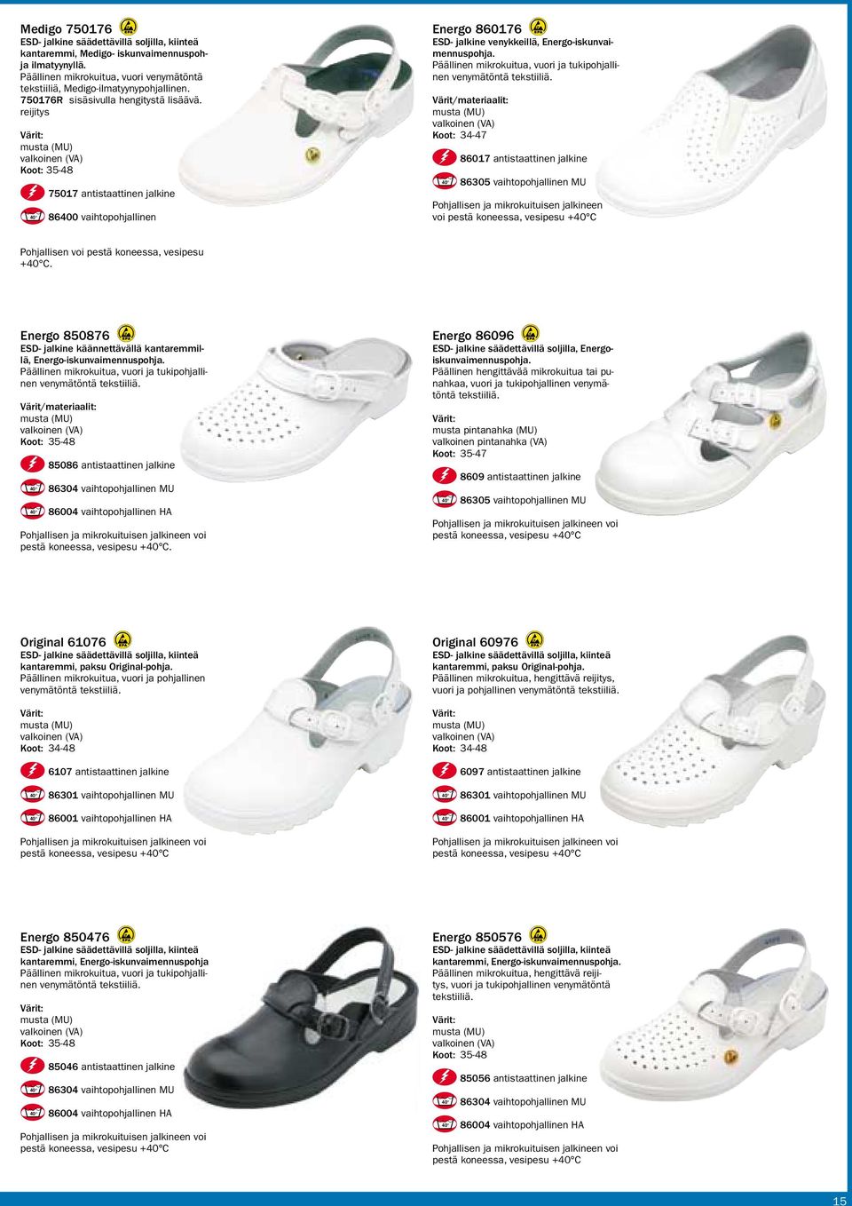 Päällinen mikrokuitua, vuori ja tukipohjallinen Koot: 34-47 86017 antistaattinen jalkine Pohjallisen ja mikrokuituisen jalkineen voi +40 C.