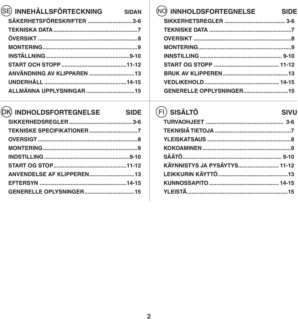 ..13 VEDLIKEHOLD... 14-15 GENERELLE OPPLYSNINGER...15 INDHOLDSFORTEGNELSE SIDE SIKKERHEDSREGLER...3-6 TEKNISKE SPECIFIKATIONER...7 OVERSIGT...8 MONTERING...9 INDSTILLING...9-10 START OG STOP.