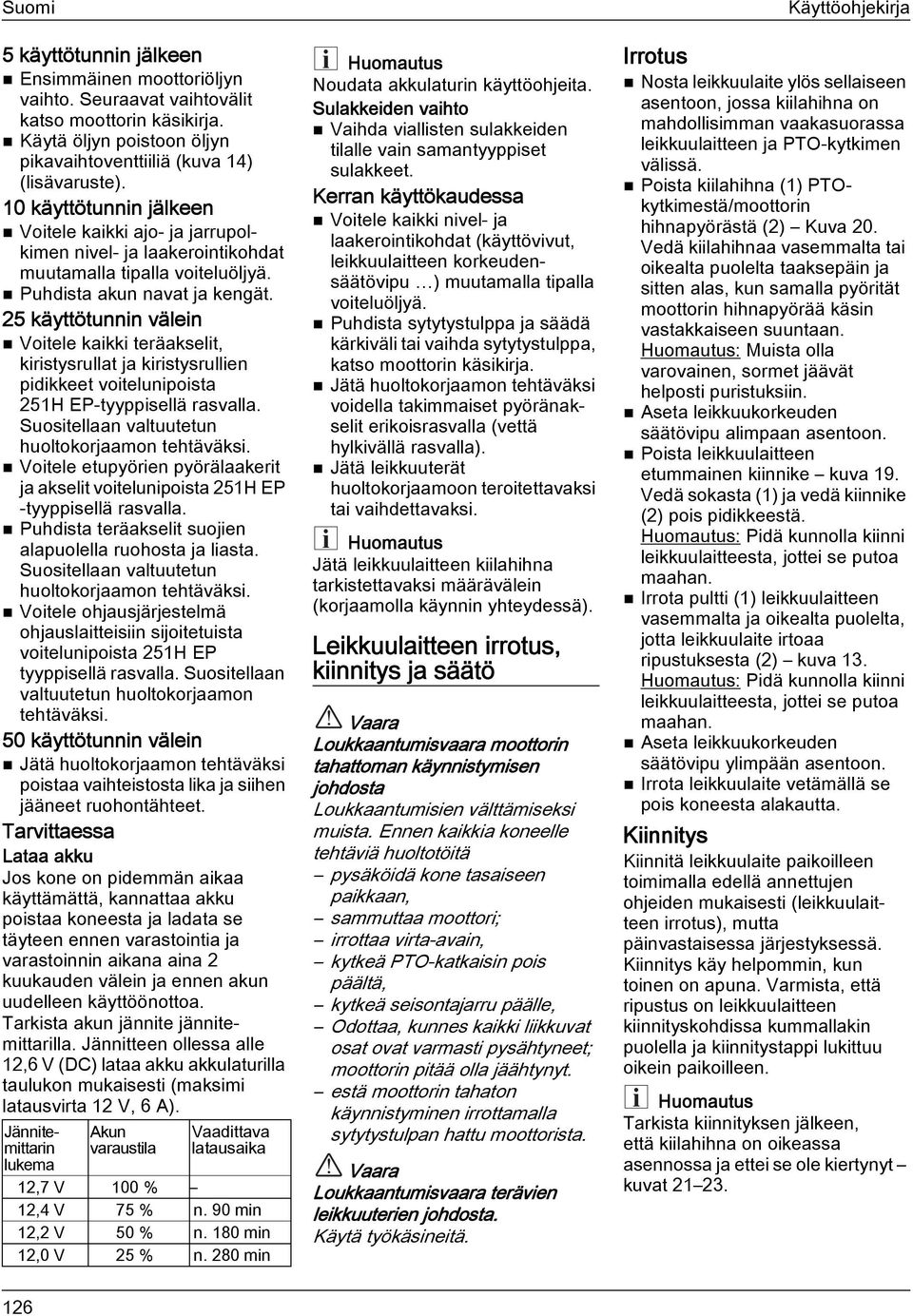 25 käyttötunnin välein Voitele kaikki teräakselit, kiristysrullat ja kiristysrullien pidikkeet voitelunipoista 251H EP-tyyppisellä rasvalla. Suositellaan valtuutetun huoltokorjaamon tehtäväksi.