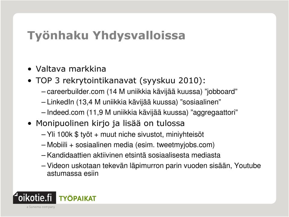 com (11,9 M uniikkia kävijää kuussa) aggregaattori Monipuolinen kirjo ja lisää on tulossa Yli 100k $ työt + muut niche sivustot,