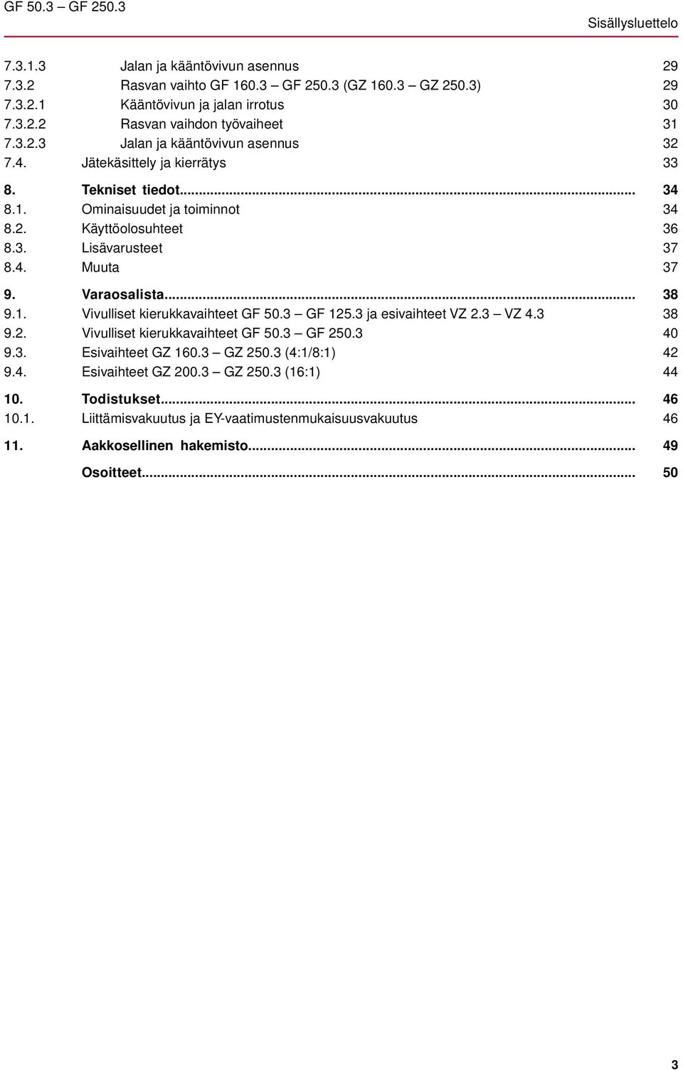 Varaosalista... 9.1. Vivulliset kierukkavaihteet GF 50.3 GF 125.3 ja esivaihteet VZ 2.3 VZ 4.3 9.2. Vivulliset kierukkavaihteet GF 50.3 GF 250.3 9.3. Esivaihteet GZ 160.3 GZ 250.3 (4:1/8:1) 9.4. Esivaihteet GZ 200.