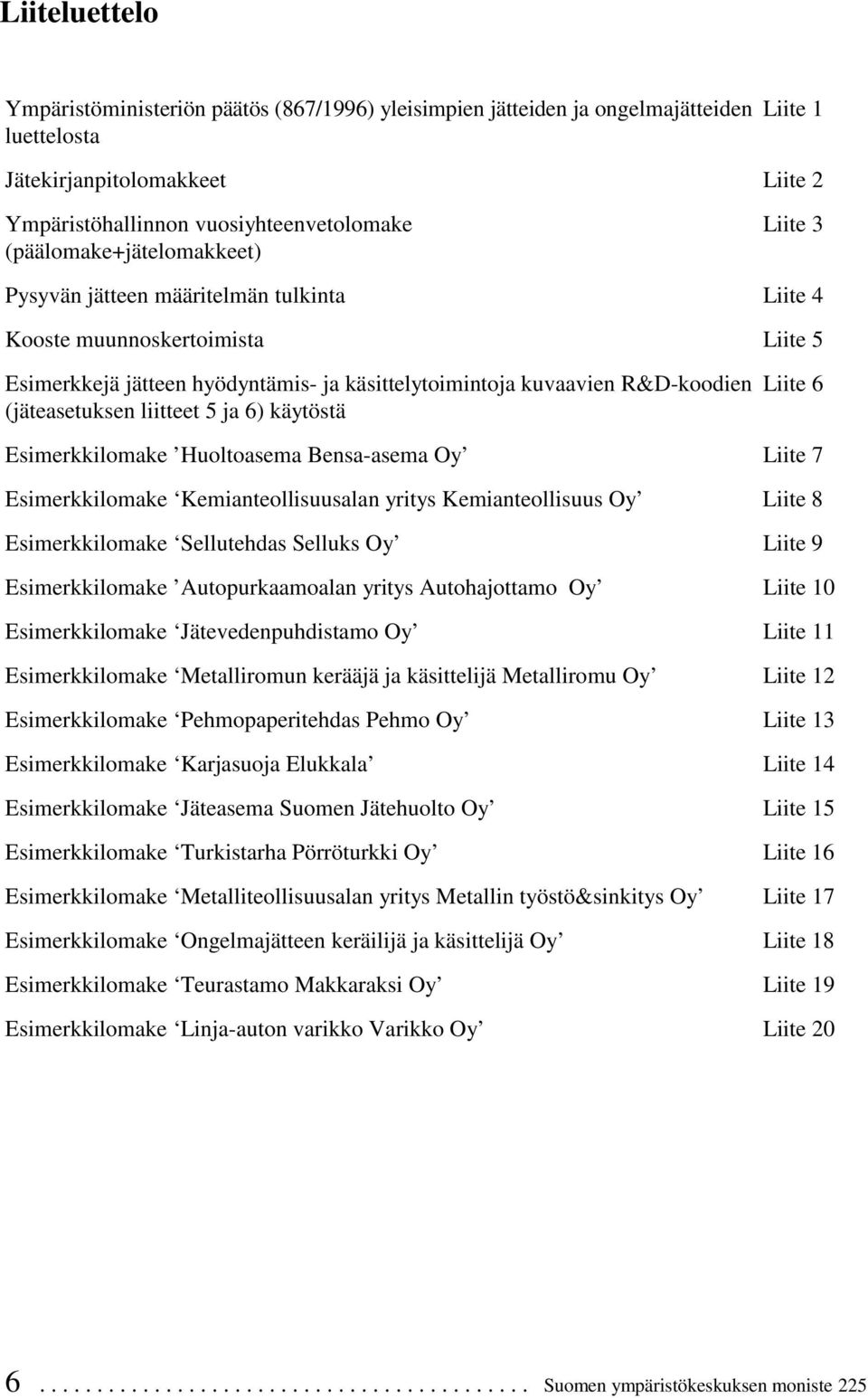 (jäteasetuksen liitteet 5 ja 6) käytöstä Liite 6 Esimerkkilomake Huoltoasema Bensa-asema Oy Liite 7 Esimerkkilomake Kemianteollisuusalan yritys Kemianteollisuus Oy Liite 8 Esimerkkilomake Sellutehdas