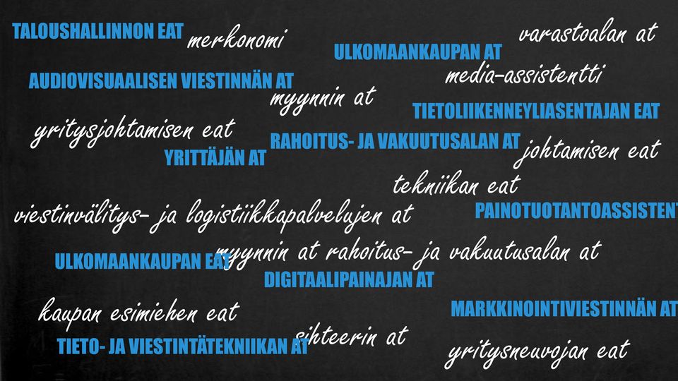 rahoitus- ja vakuutusalan at TALOUSHALLINNON EAT ULKOMAANKAUPAN EAT kaupan esimiehen eat TIETO- JA VIESTINTÄTEKNIIKAN AT