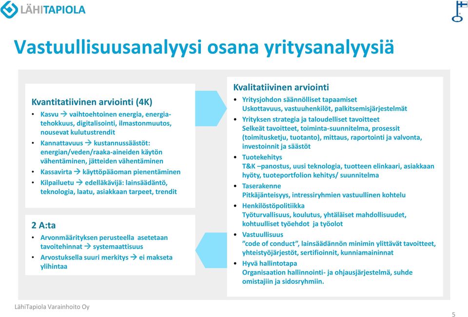 tarpeet, trendit 2 A:ta Arvonmäärityksen perusteella asetetaan tavoitehinnat systemaattisuus Arvostuksella suuri merkitys ei makseta ylihintaa Kvalitatiivinen arviointi Yritysjohdon säännölliset