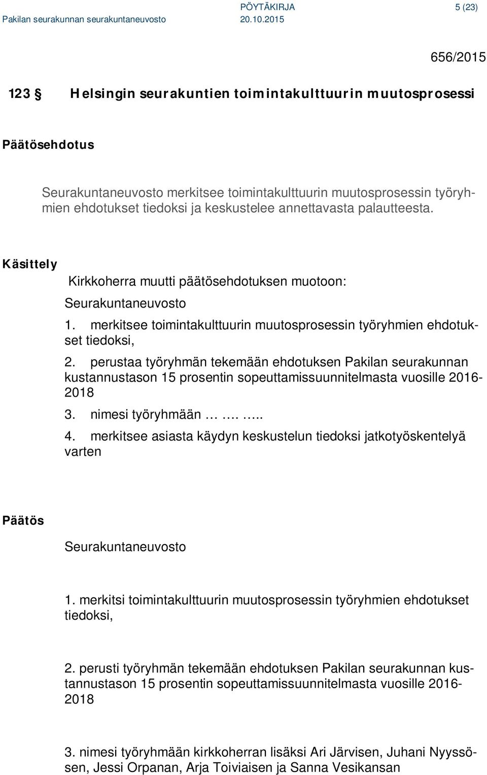 perustaa työryhmän tekemään ehdotuksen Pakilan seurakunnan kustannustason 15 prosentin sopeuttamissuunnitelmasta vuosille 2016-2018 3. nimesi työryhmään... 4.