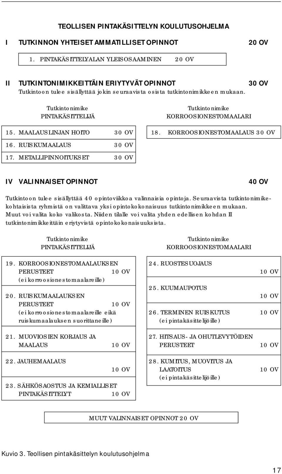 Tutkintonimike PINTAKÄSITTELIJÄ Tutkintonimike KORROOSIONESTOMAALARI 15. MAALAUSLINJAN HOITO 30 OV 18. KORROOSIONESTOMAALAUS 30 OV 16. RUISKUMAALAUS 30 OV 17.