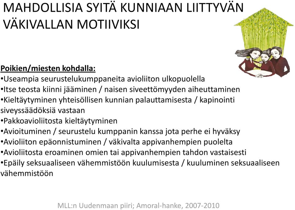 Pakkoavioliitosta kieltäytyminen Avioituminen / seurustelu kumppanin kanssa jota perhe ei hyväksy Avioliiton epäonnistuminen / väkivalta appivanhempien