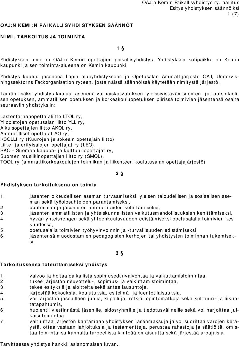 Yhdistys kuuluu jäsenenä Lapin alueyhdistykseen ja Opetusalan Ammattijärjestö OAJ, Undervisningssektorns Fackorganisation ry:een, josta näissä säännöissä käytetään nimitystä järjestö.