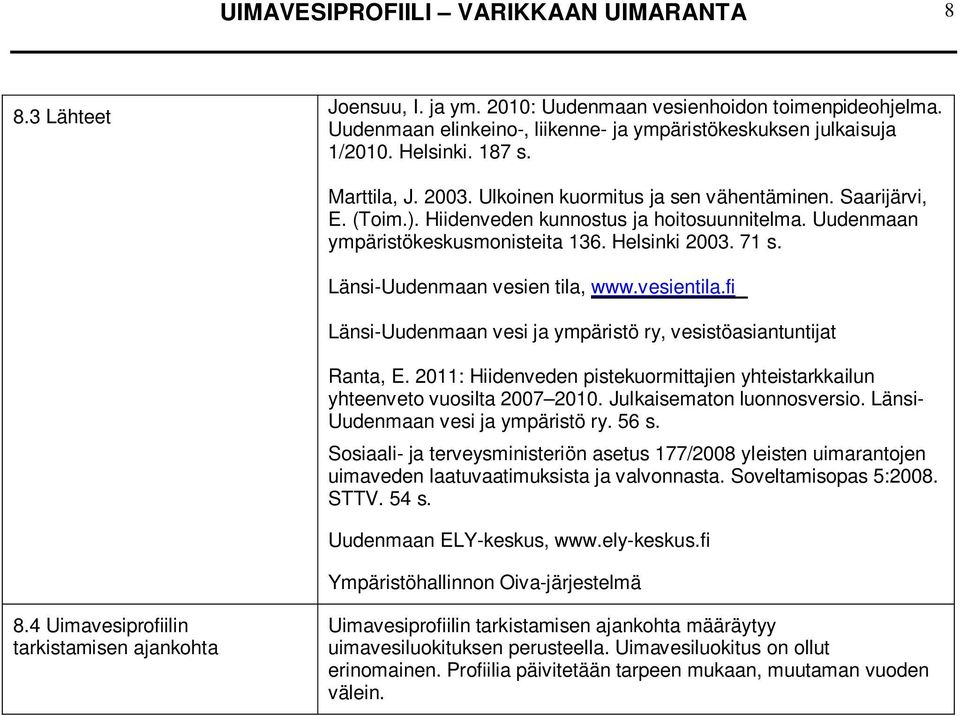 Länsi-Uudenmaan vesien tila, www.vesientila.fi Länsi-Uudenmaan vesi ja ympäristö ry, vesistöasiantuntijat Ranta, E. 2011: Hiidenveden pistekuormittajien yhteistarkkailun yhteenveto vuosilta 2007 2010.