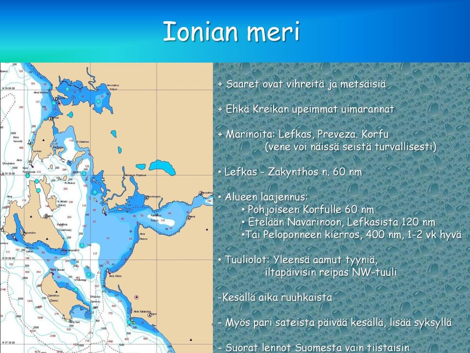 60 nm Alueen laajennus: Pohjoiseen Korfulle 60 nm Etelään Navarinoon, Lefkasista 120 nm Tai Peloponneen kierros, 400 nm,