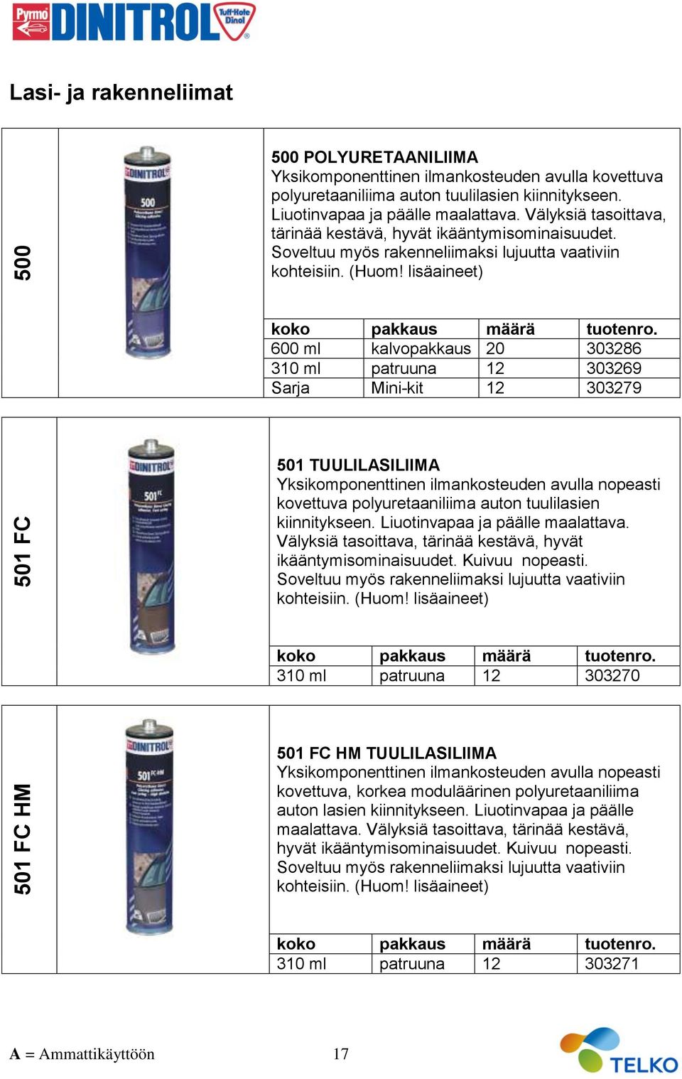 lisäaineet) 600 ml kalvopakkaus 20 303286 310 ml patruuna 12 303269 Sarja Mini-kit 12 303279 501 TUULILSILIIM Yksikomponenttinen ilmankosteuden avulla nopeasti kovettuva polyuretaaniliima auton