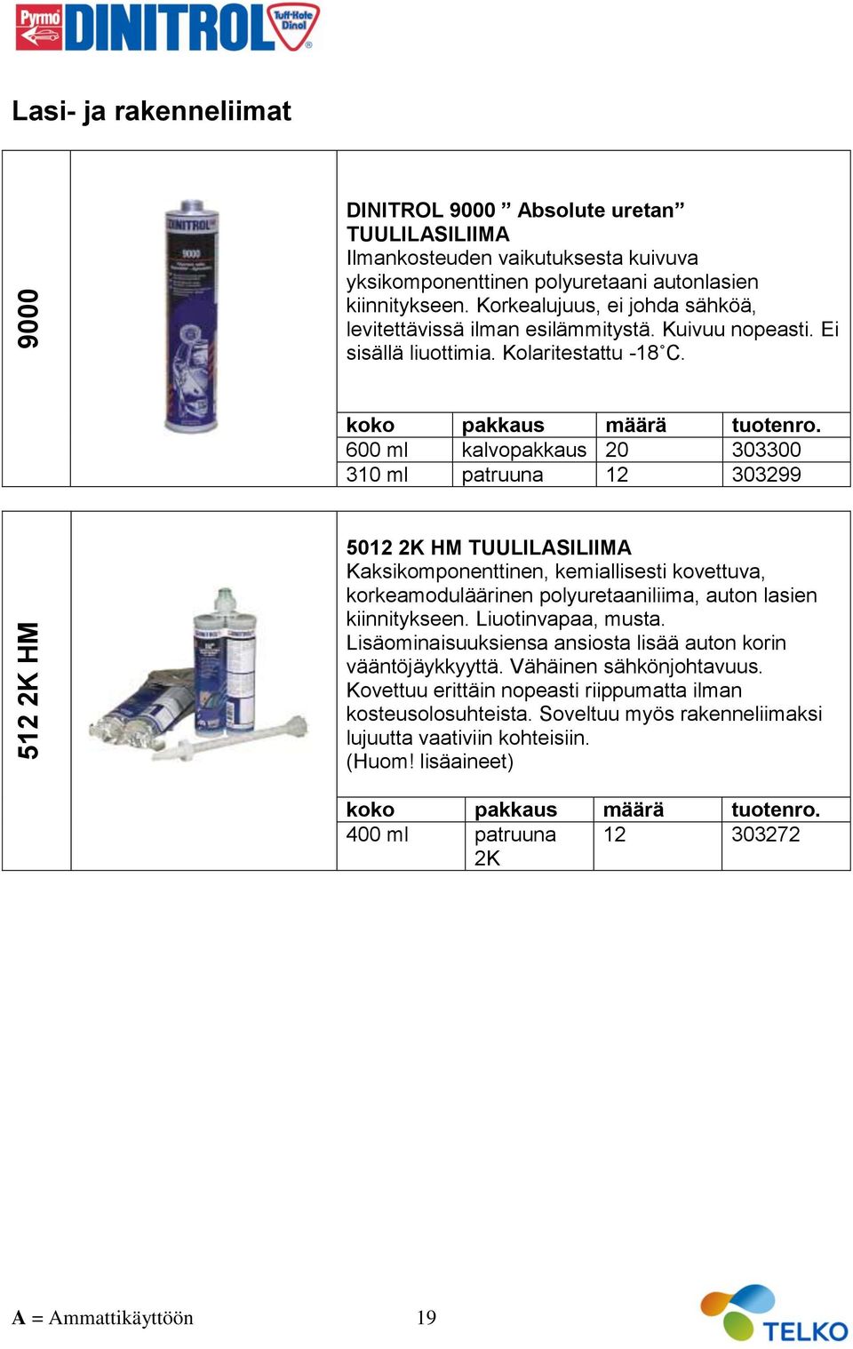 600 ml kalvopakkaus 20 303300 310 ml patruuna 12 303299 5012 2K HM TUULILSILIIM Kaksikomponenttinen, kemiallisesti kovettuva, korkeamoduläärinen polyuretaaniliima, auton lasien kiinnitykseen.