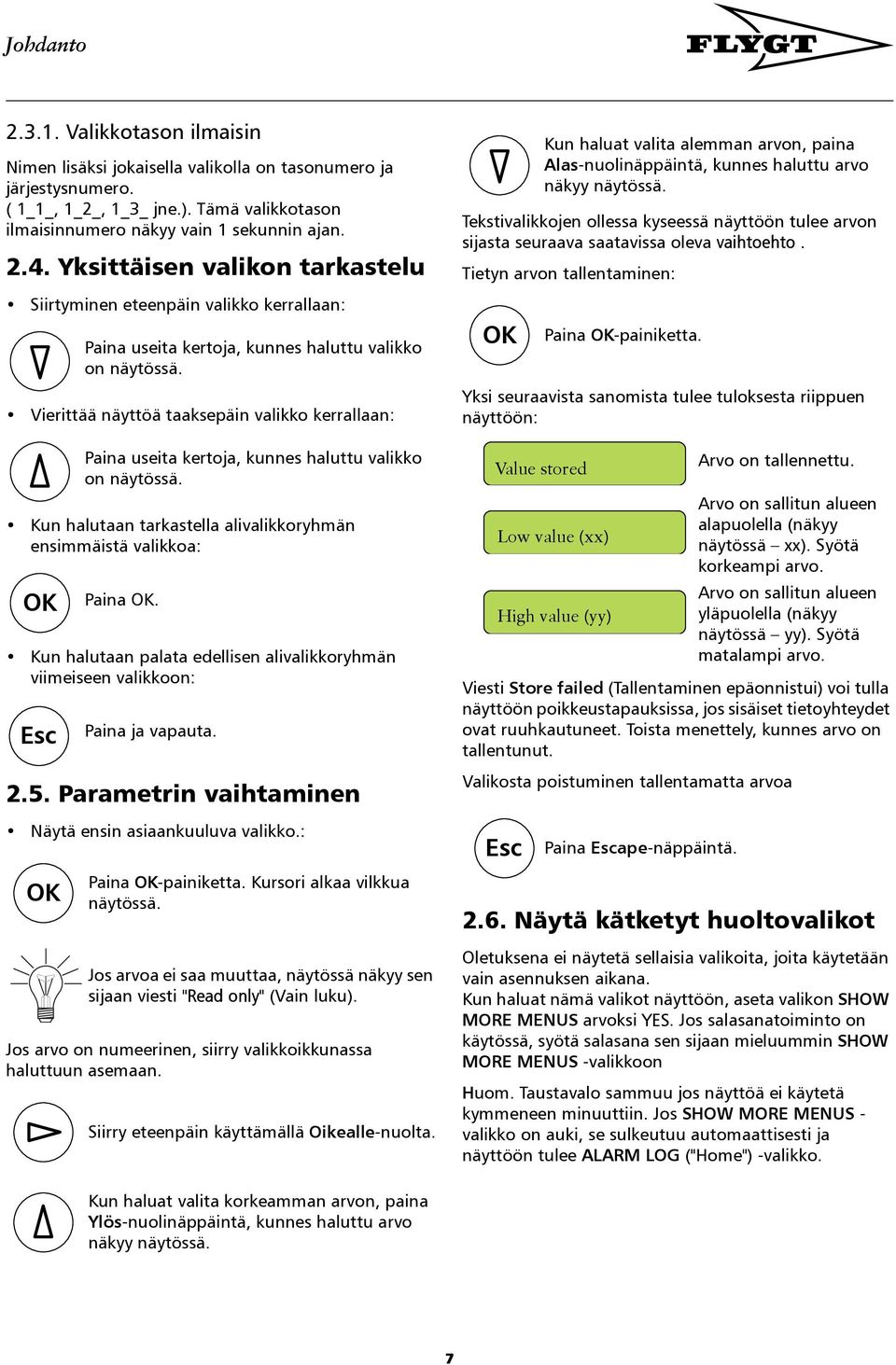 halutaan palata edellisen alivalikkoryhmän viimeiseen valikkoon: Esc 2.5. Parametrin vaihtaminen Näytä ensin asiaankuuluva valikko.: OK Paina useita kertoja, kunnes haluttu valikko on näytössä.