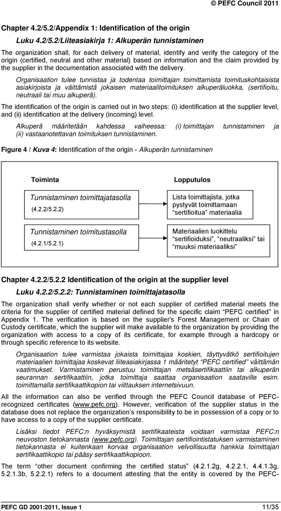 2/Liiteasiakirja 1: Alkuperän tunnistaminen The organization shall, for each delivery of material, identify and verify the category of the origin (certified, neutral and other material) based on