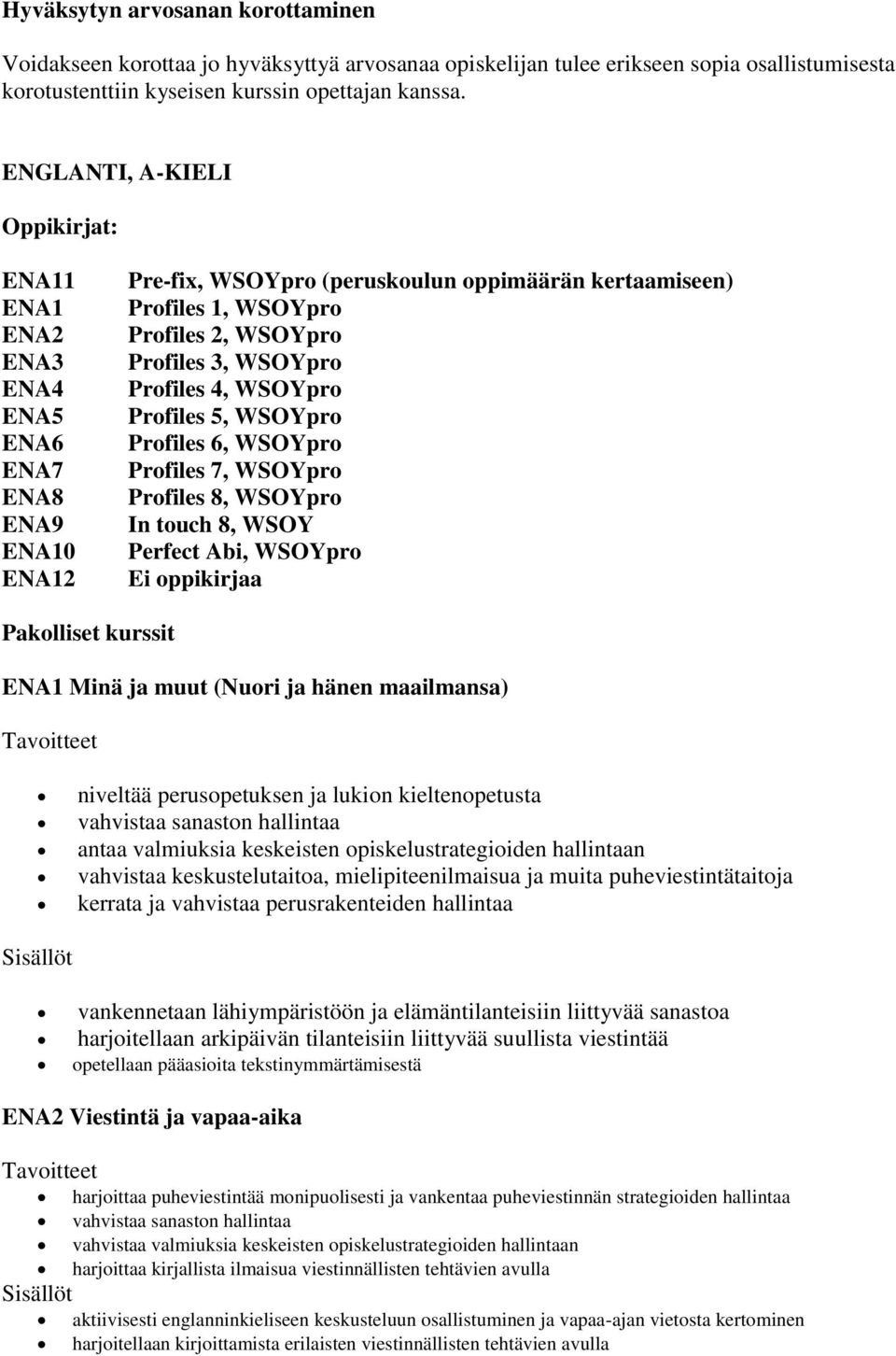 WSOYpro Profiles 4, WSOYpro Profiles 5, WSOYpro Profiles 6, WSOYpro Profiles 7, WSOYpro Profiles 8, WSOYpro In touch 8, WSOY Perfect Abi, WSOYpro Ei oppikirjaa Pakolliset kurssit ENA1 Minä ja muut