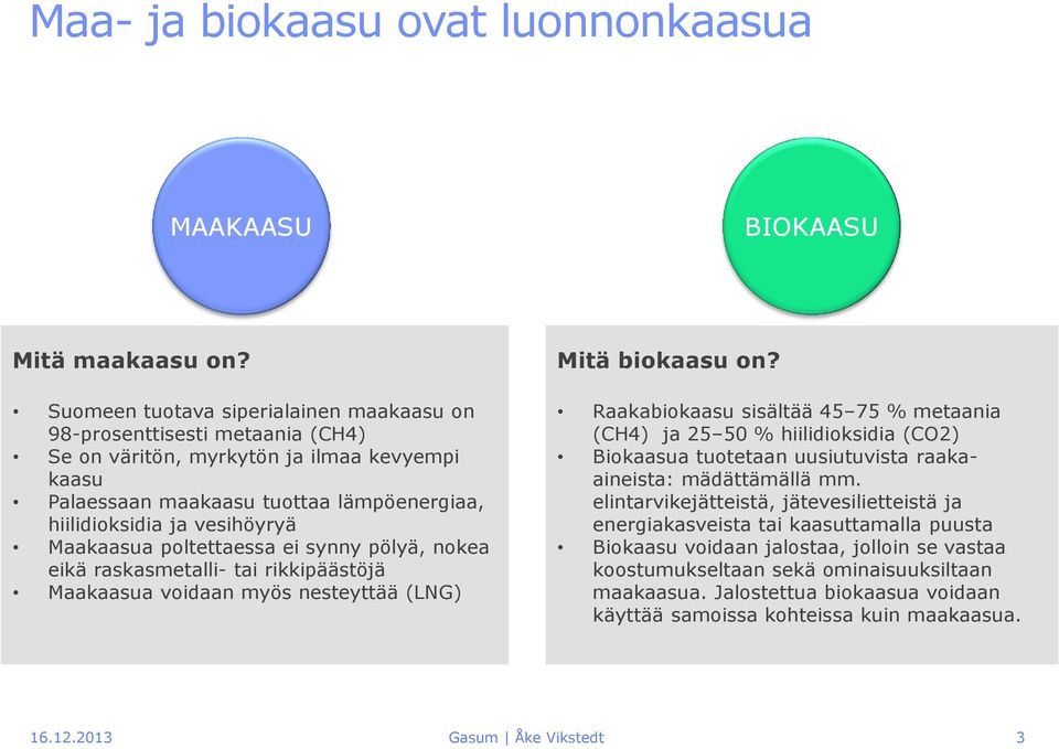 Maakaasua poltettaessa ei synny pölyä, nokea eikä raskasmetalli- tai rikkipäästöjä Maakaasua voidaan myös nesteyttää (LNG) Mitä biokaasu on?