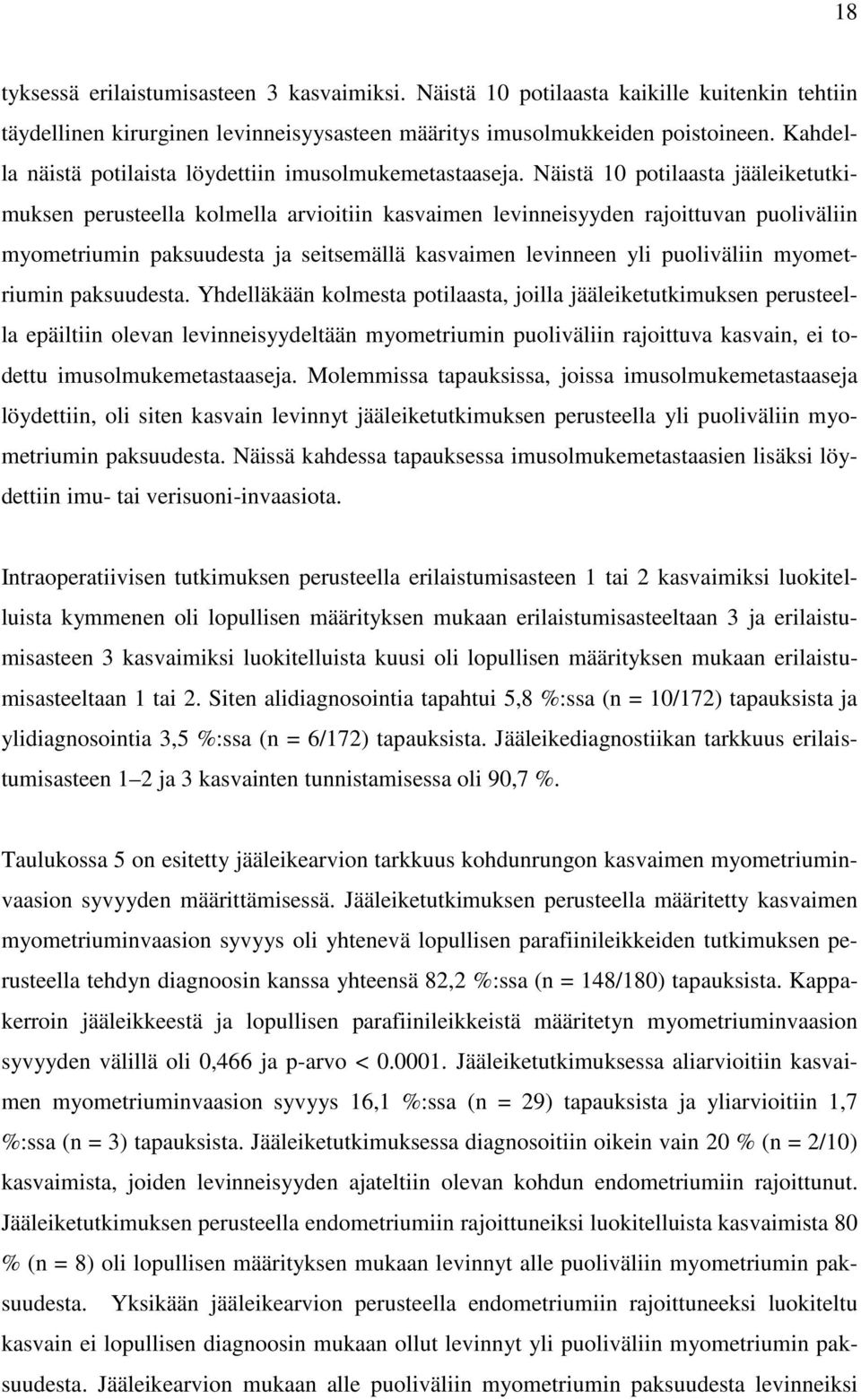 Näistä 10 potilaasta jääleiketutkimuksen perusteella kolmella arvioitiin kasvaimen levinneisyyden rajoittuvan puoliväliin myometriumin paksuudesta ja seitsemällä kasvaimen levinneen yli puoliväliin