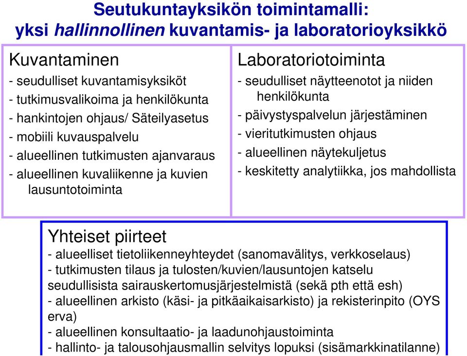 - päivystyspalvelun järjestäminen - vieritutkimusten ohjaus - alueellinen näytekuljetus - keskitetty analytiikka, jos mahdollista Yhteiset piirteet - alueelliset tietoliikenneyhteydet (sanomavälitys,