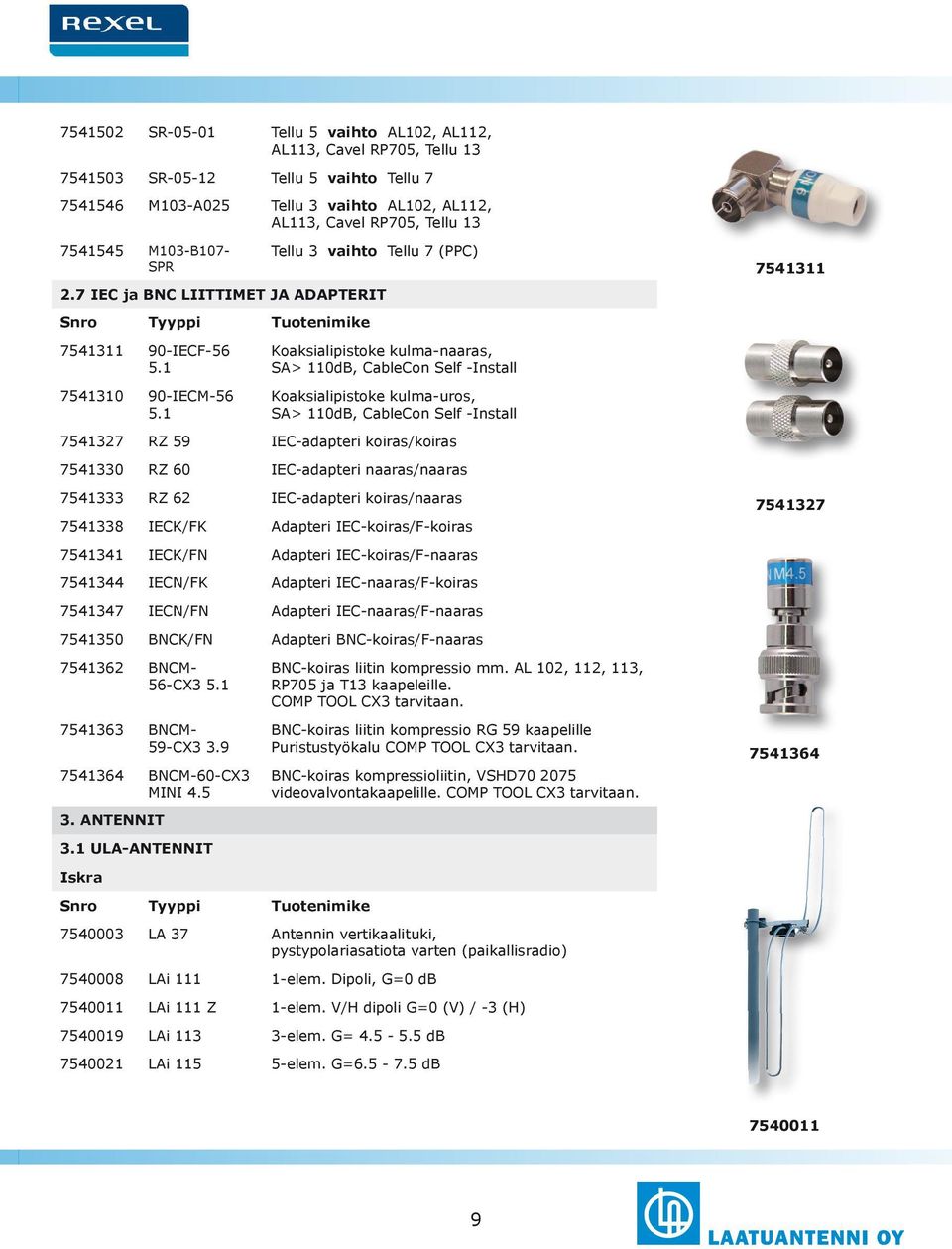 1 Koaksialipistoke kulma-naaras, SA> 110dB, CableCon Self -Install Koaksialipistoke kulma-uros, SA> 110dB, CableCon Self -Install 7541327 RZ 59 IEC-adapteri koiras/koiras 7541330 RZ 60 IEC-adapteri