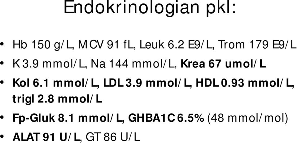 9 mmol/l, Na 144 mmol/l, Krea 67 umol/l Kol 6.1 mmol/l, LDL 3.