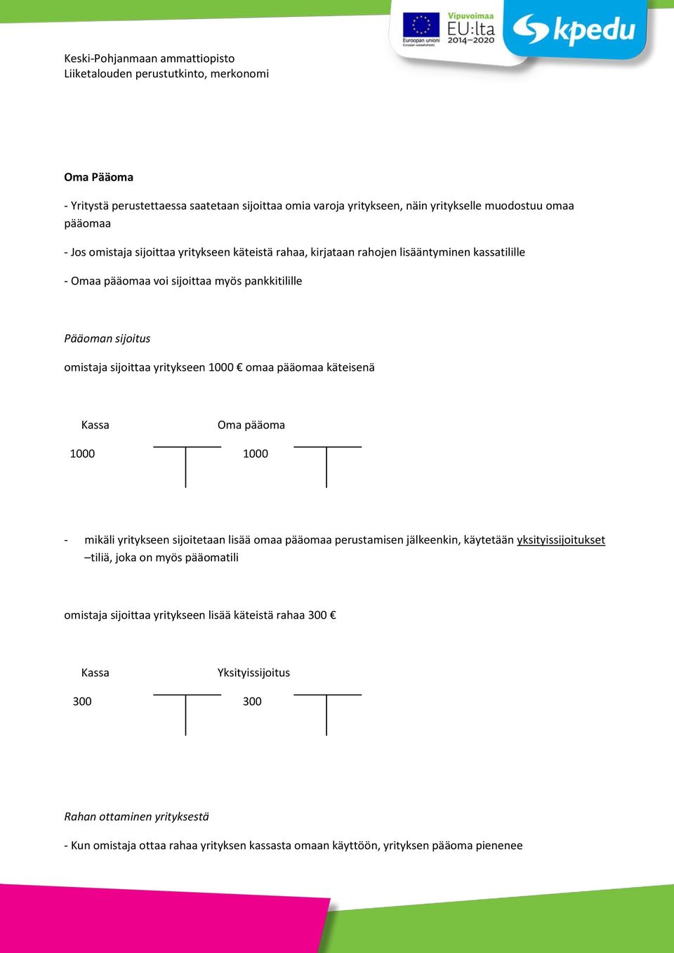 Oma pääoma 1000 1000 - mikäli yritykseen sijoitetaan lisää omaa pääomaa perustamisen jälkeenkin, käytetään yksityissijoitukset tiliä, joka on myös pääomatili omistaja sijoittaa