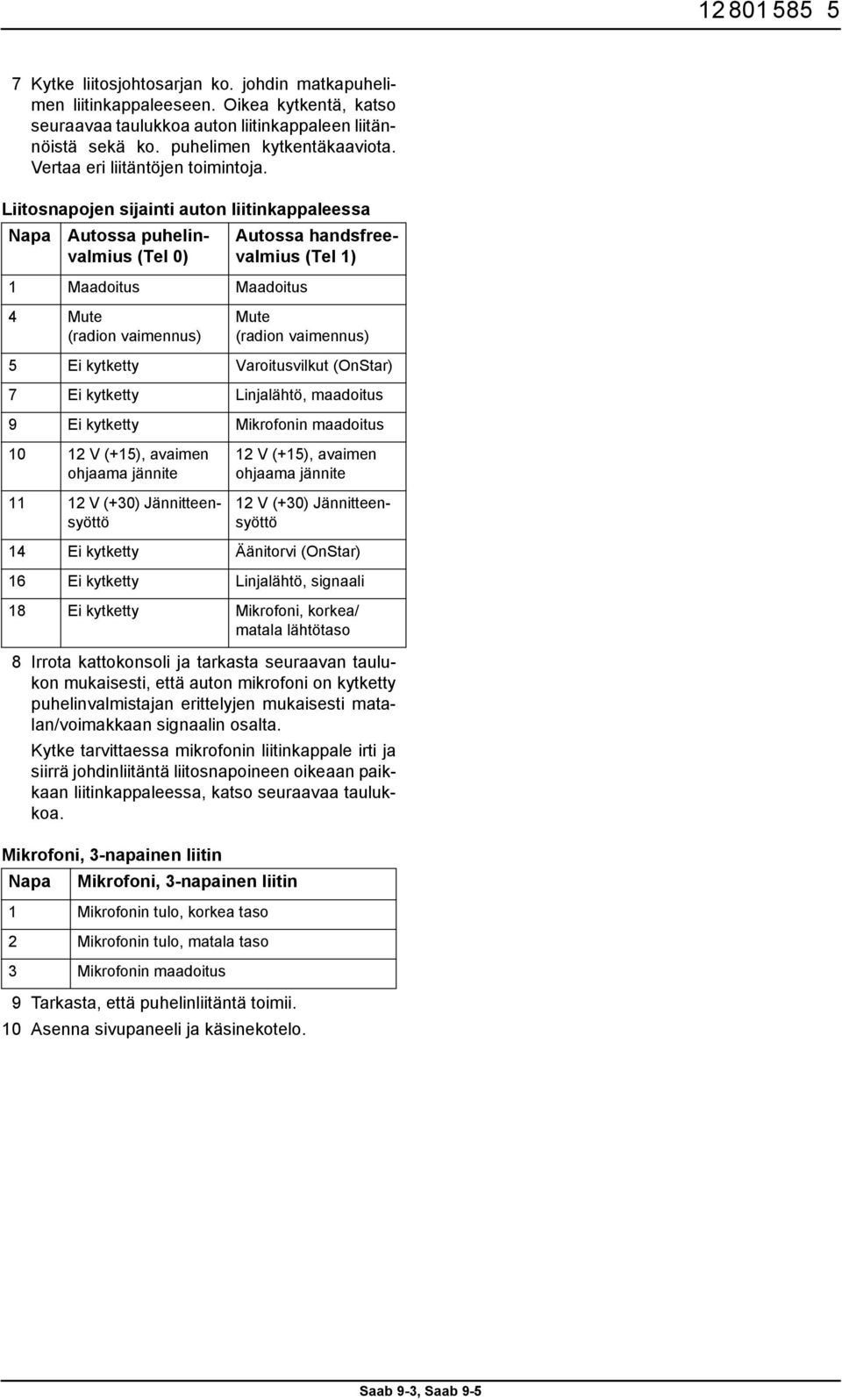 Liitosnapojen sijainti auton liitinkappaleessa Napa Autossa puhelinvalmius (Tel 0) 1 Maadoitus Maadoitus Autossa handsfreevalmius (Tel 1) 4 Mute (radion vaimennus) Mute (radion vaimennus) 5 Ei