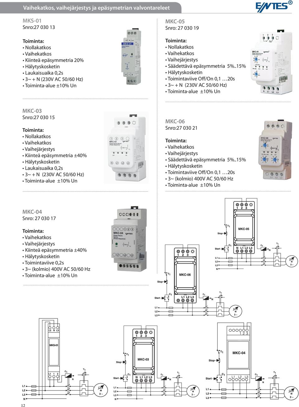 .15% Hälytyskosketin Toimintaviive Off/On 0,1 20s 3~ + N (230V AC 50/60 Hz) Toiminta-alue ±10% Un MKC-03 Snro:27 030 15 Nollakatkos Vaihekatkos Vaihejärjestys Kiinteä epäsymmetria ±40%