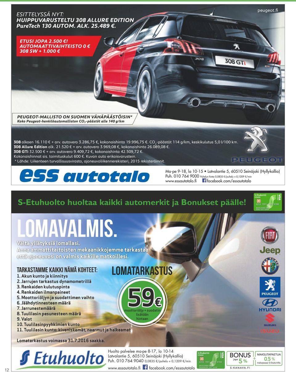 CO 2 -päästöt 114 g/km, keskikulutus 5,0 l/100 km. 308 Allure Edition alk. 21.520 + arv. autovero 3.969,08, kokonaishinta 26.089,08. 308 GTi 32.500 + arv. autovero 9.409,72, kokonaishinta 42.509,72.
