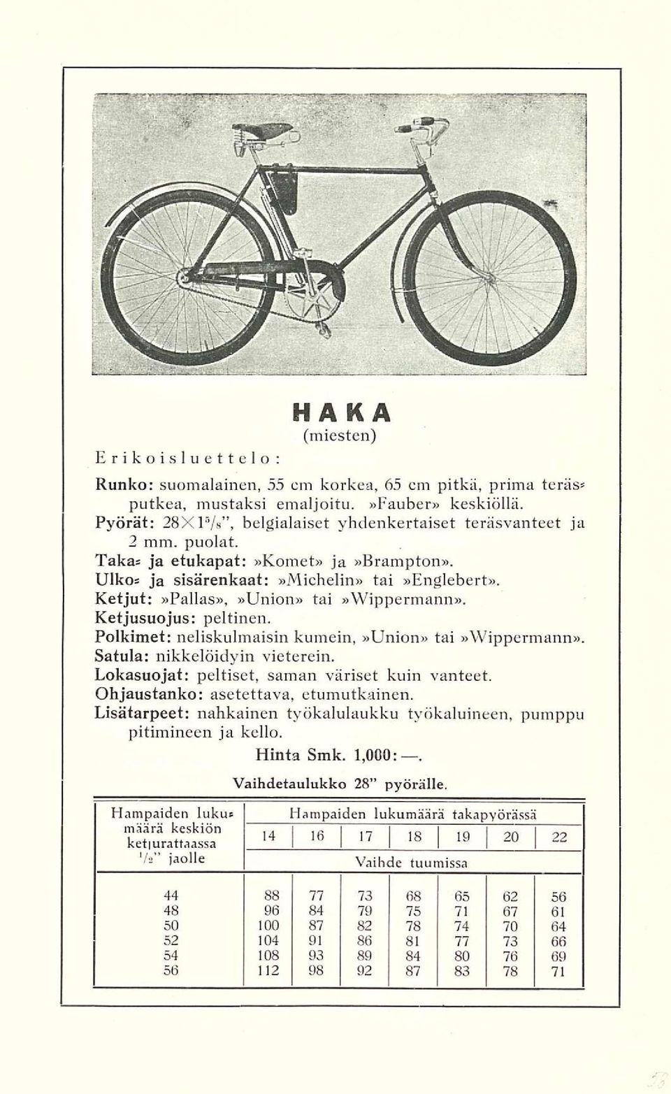 Ketjut;»Pallas»,»Union» tai»wippermann». Ketjusuojus: peltinen. Polkimet; neliskulmaisin kumein,»union» tai»\vippermann». Satula: nikkelöidyin vieterein.