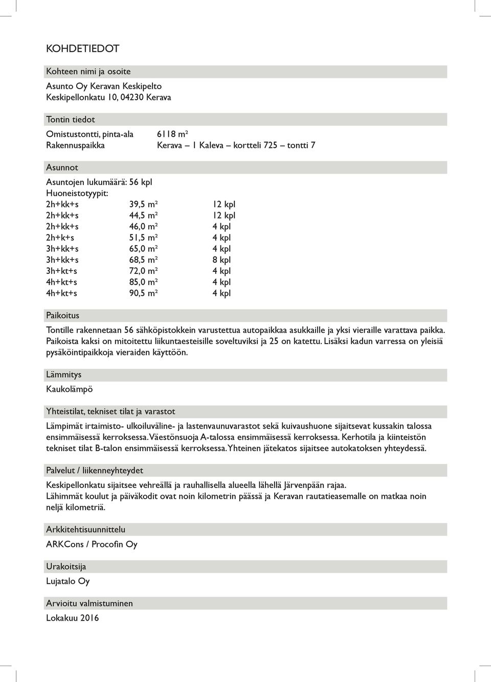 m² 4 kpl 4h+kt+s 85,0 m² 4 kpl 4h+kt+s 90,5 m² 4 kpl Paikoitus Tontille rakennetaan 56 sähköpistokkein varustettua autopaikkaa asukkaille ja yksi vieraille varattava paikka.