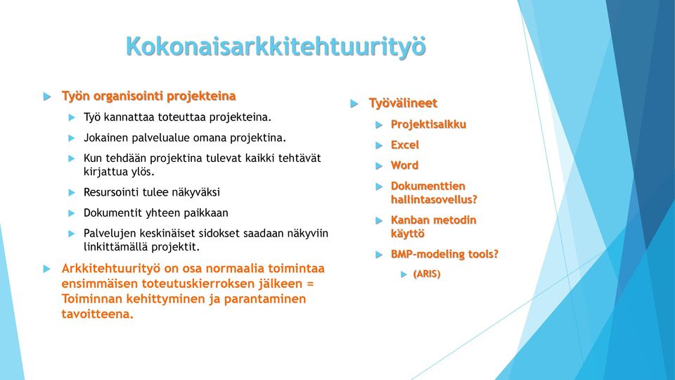 Resursointi tulee näkyväksi Dokumentit yhteen paikkaan Palvelujen keskinäiset sidokset saadaan näkyviin linkittämällä projektit.