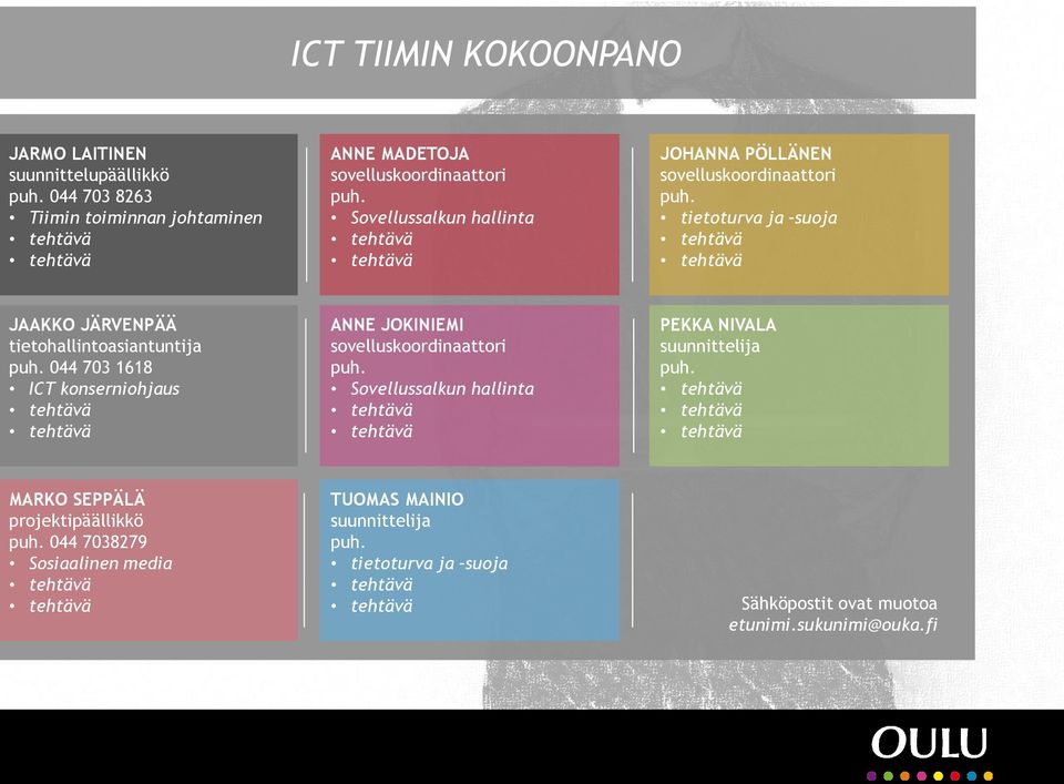 044 703 1618 ICT konserniohjaus ANNE JOKINIEMI sovelluskoordinaattori puh. Sovellussalkun hallinta PEKKA NIVALA suunnittelija puh.