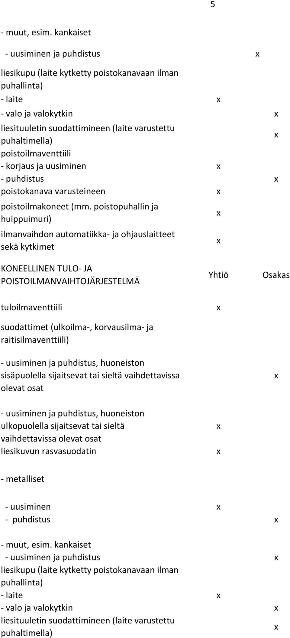 poistoilmaventtiili - korjaus ja uusiminen - puhdistus poistokanava varusteineen poistoilmakoneet (mm.
