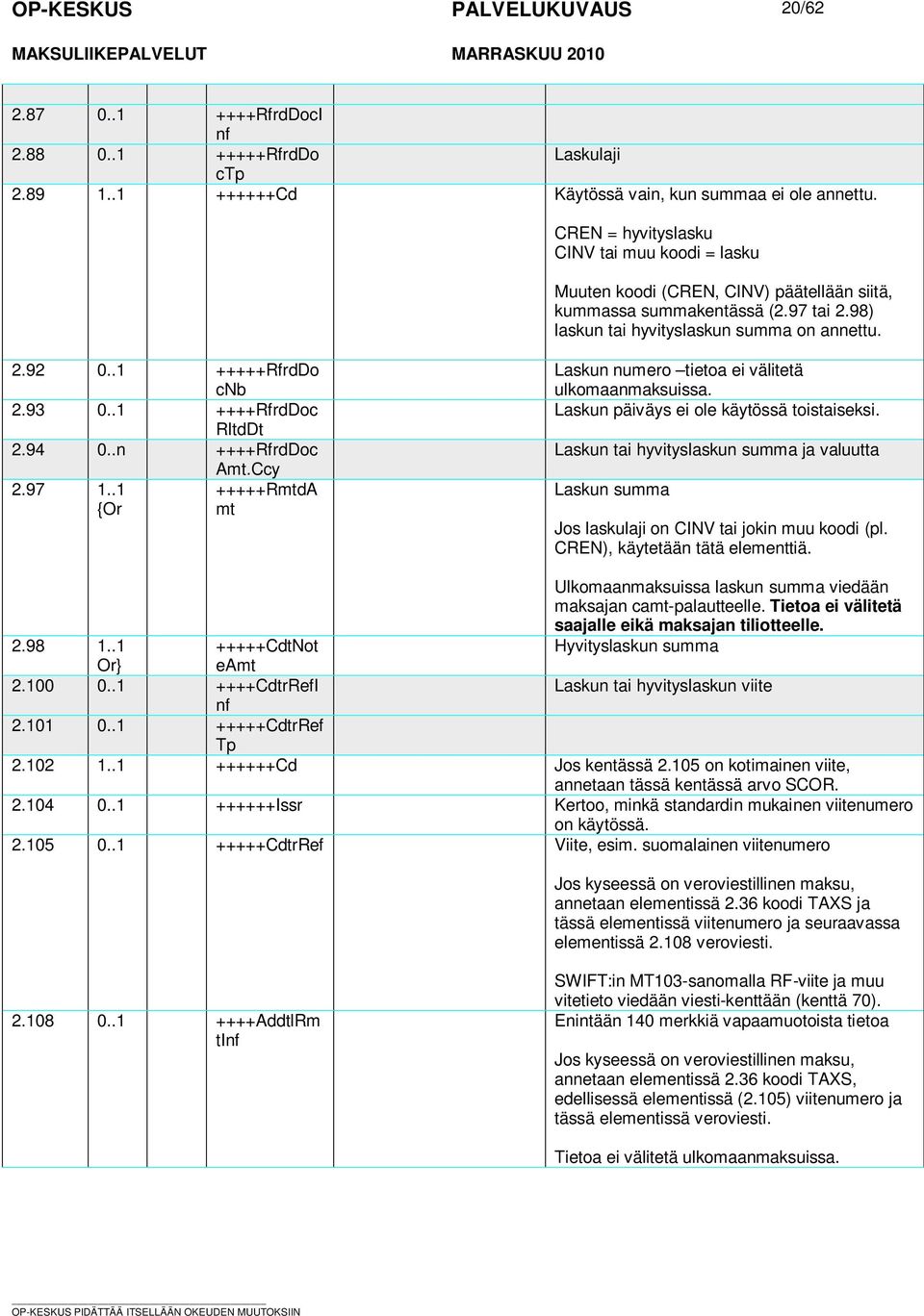 Laskun numero tietoa ei välitetä ulkomaanmaksuissa Laskun päiväys ei ole käytössä toistaiseksi Laskun tai hyvityslaskun summa ja valuutta Laskun summa Jos laskulaji on CINV tai jokin muu koodi (pl