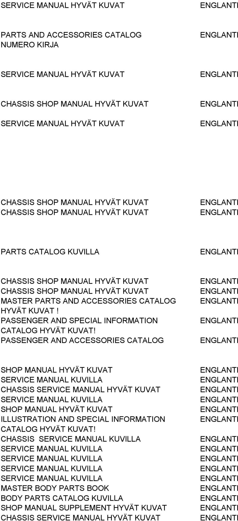 PASSENGER AND ACCESSORIES CATALOG SHOP MANUAL T KUVAT SERVICE MANUAL KUVILLA CHASSIS SERVICE MANUAL T KUVAT SERVICE MANUAL KUVILLA SHOP MANUAL T KUVAT ILLUSTRATION AND SPECIAL INFORMATION CATALOG T