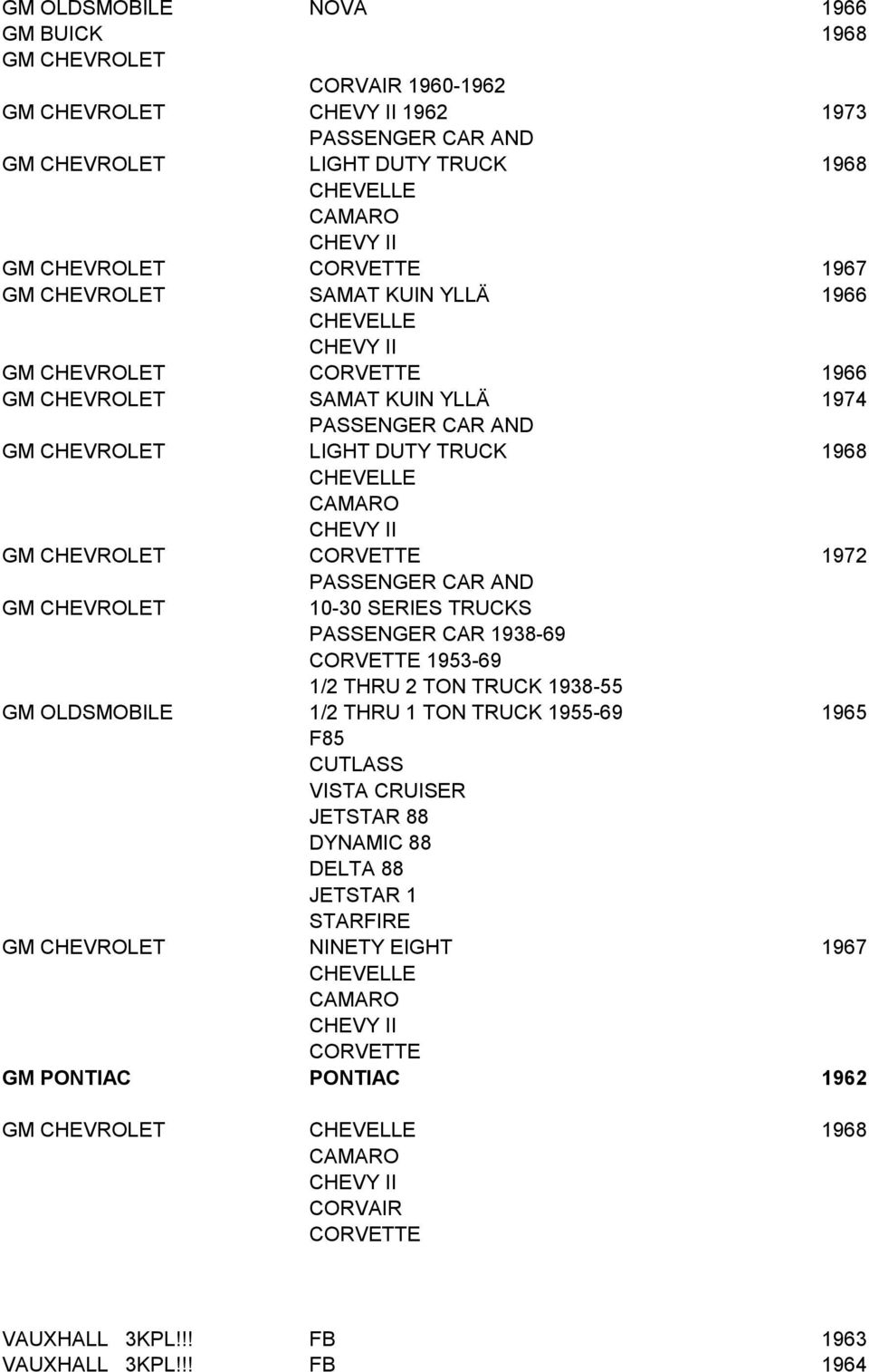 CHEVY II GM CHEVROLET CORVETTE 1972 PASSENGER CAR AND GM CHEVROLET 10-30 SERIES TRUCKS PASSENGER CAR 1938-69 CORVETTE 1953-69 1/2 THRU 2 TON TRUCK 1938-55 GM OLDSMOBILE 1/2 THRU 1 TON TRUCK 1955-69