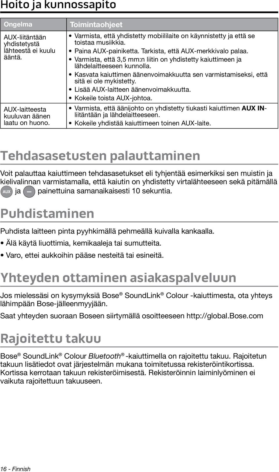 Varmista, että 3,5 mm:n liitin on yhdistetty kaiuttimeen ja lähdelaitteeseen kunnolla. Kasvata kaiuttimen äänenvoimakkuutta sen varmistamiseksi, että sitä ei ole mykistetty.