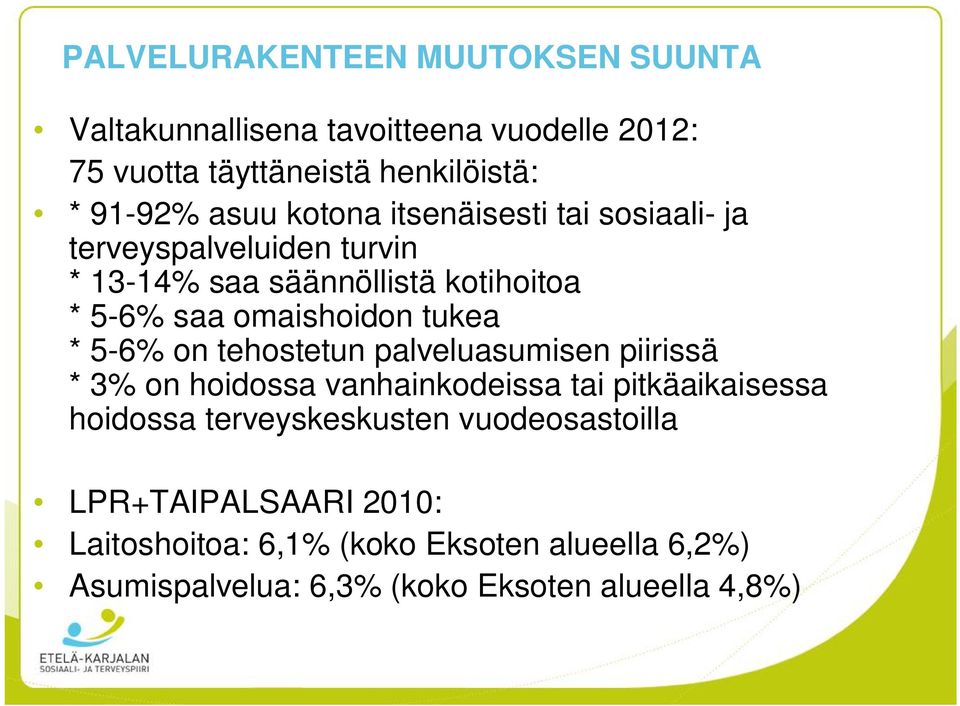 * 5-6% on tehostetun palveluasumisen piirissä * 3% on hoidossa vanhainkodeissa tai pitkäaikaisessa hoidossa terveyskeskusten