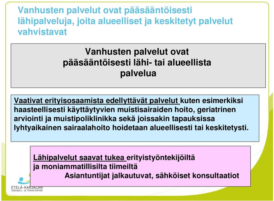 muistisairaiden hoito, geriatrinen arviointi ja muistipoliklinikka sekä joissakin tapauksissa lyhtyaikainen sairaalahoito hoidetaan