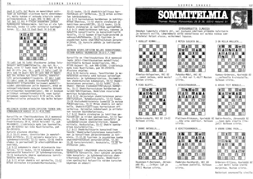 6 9-11 harrastuksen herääminen ja kehittyminen-skakissa, 11-12 shakin strategian ja taktiikan perustekijät, 12-13 tauko, 13-16 shakin strategian ja takti1kan opettaminen, 4.