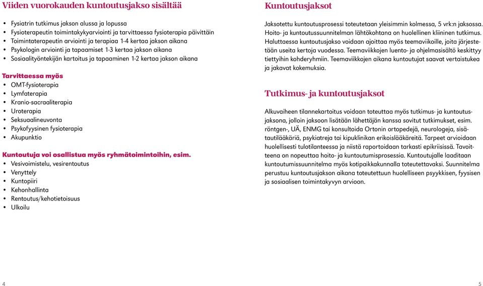 Lymfaterapia Kranio-sacraaliterapia Uroterapia Seksuaalineuvonta Psykofyysinen fysioterapia Akupunktio Kuntoutuja voi osallistua myös ryhmätoimintoihin, esim.