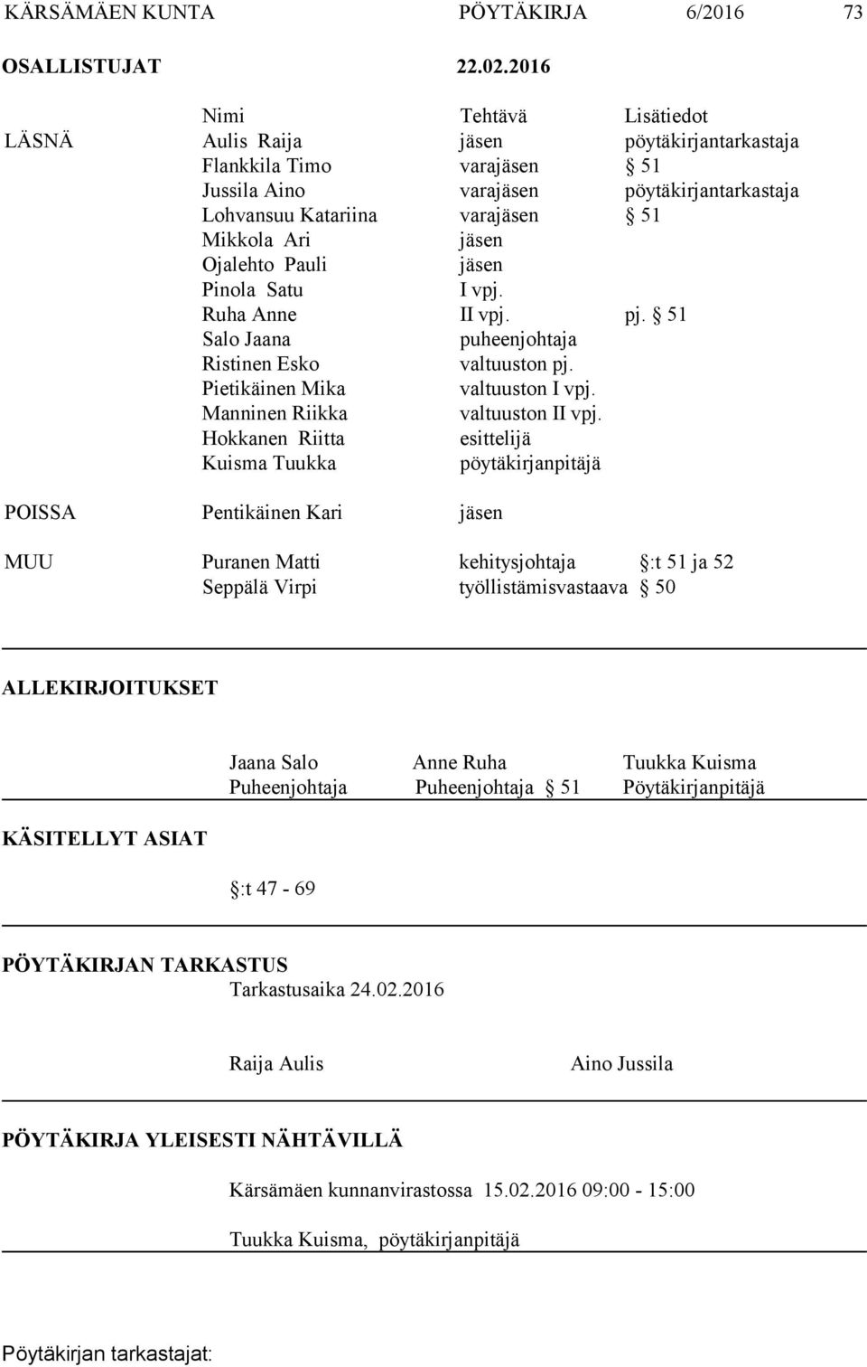 Ojalehto Pauli jäsen Pinola Satu I vpj. Ruha Anne II vpj. pj. 51 Salo Jaana puheenjohtaja Ristinen Esko valtuuston pj. Pietikäinen Mika valtuuston I vpj. Manninen Riikka valtuuston II vpj.